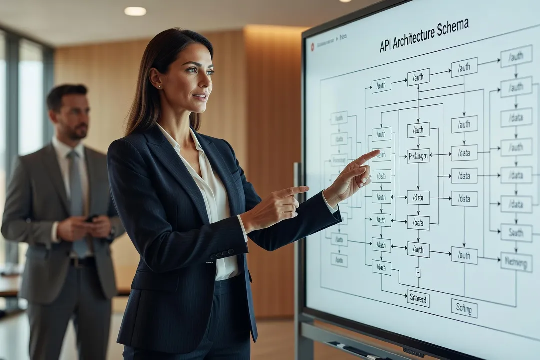 Architecte API présentant un schéma d'architecture sur un écran interactif à un collègue