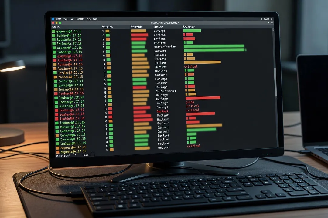 Écran de terminal affichant un rapport d'audit de sécurité de dépendances logicielles avec niveaux de sévérité colorés