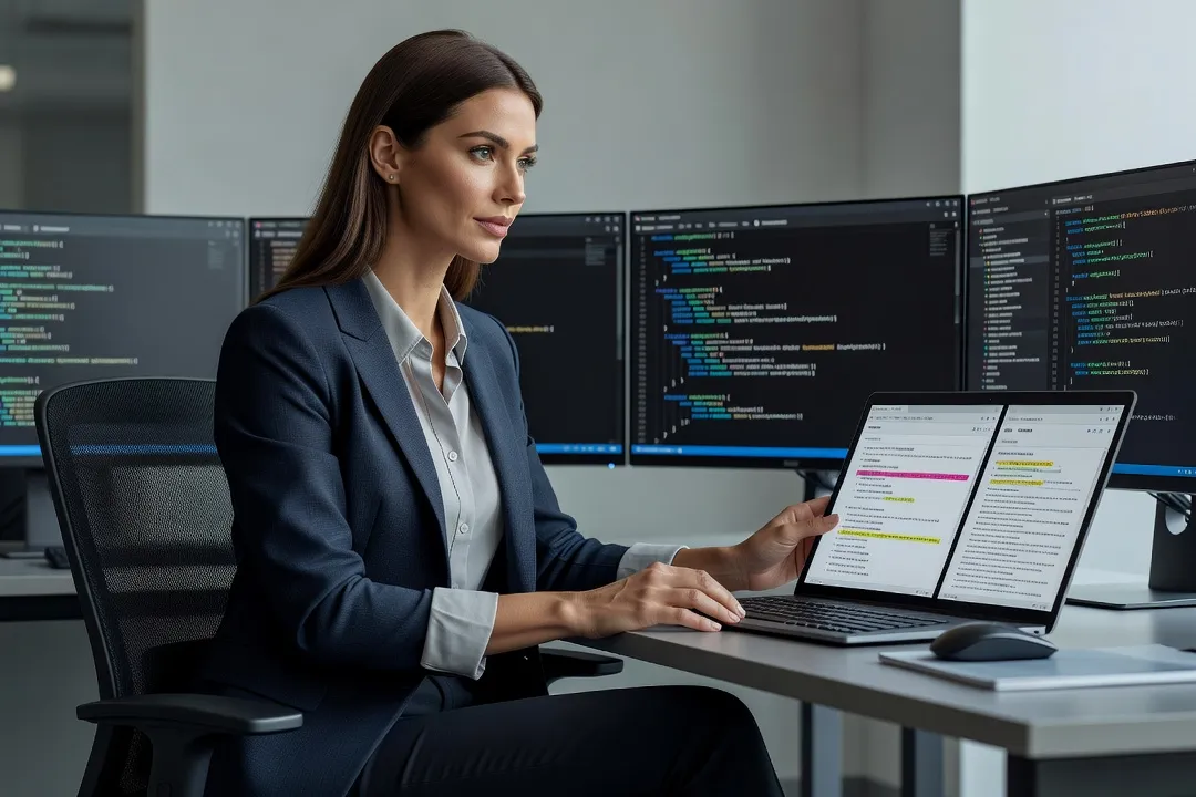 Développeuse analysant un rapport d'erreurs d'analyse statique sur plusieurs écrans dans un bureau moderne