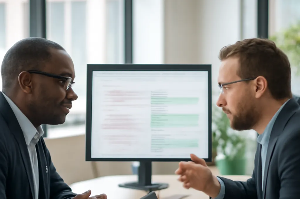 Deux développeurs adultes en réunion de revue de code autour d'un écran partagé affichant une pull request