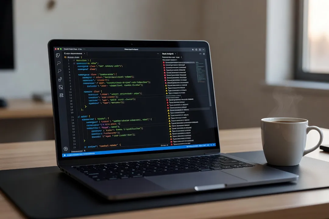 Écran d'ordinateur portable affichant du code PHP en cours d'analyse statique, avec une tasse de café sur un bureau de développeur
