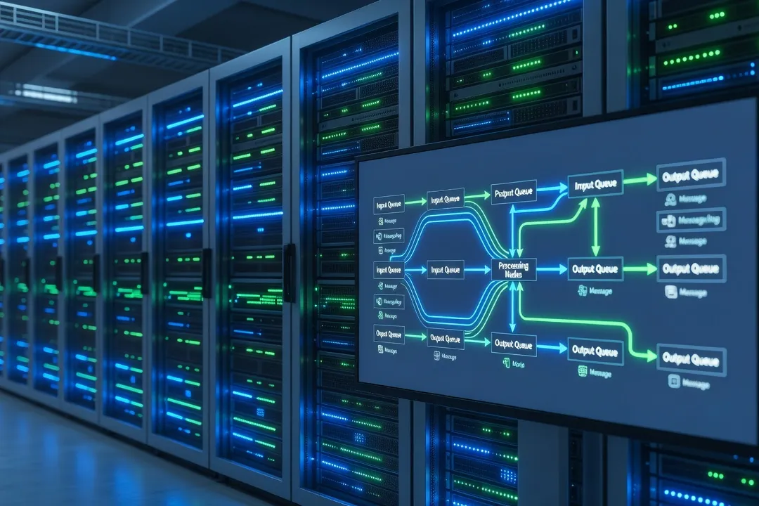 Data center moderne avec racks illuminés en bleu et vert, superposé à un diagramme de file de messages en cours de traitement